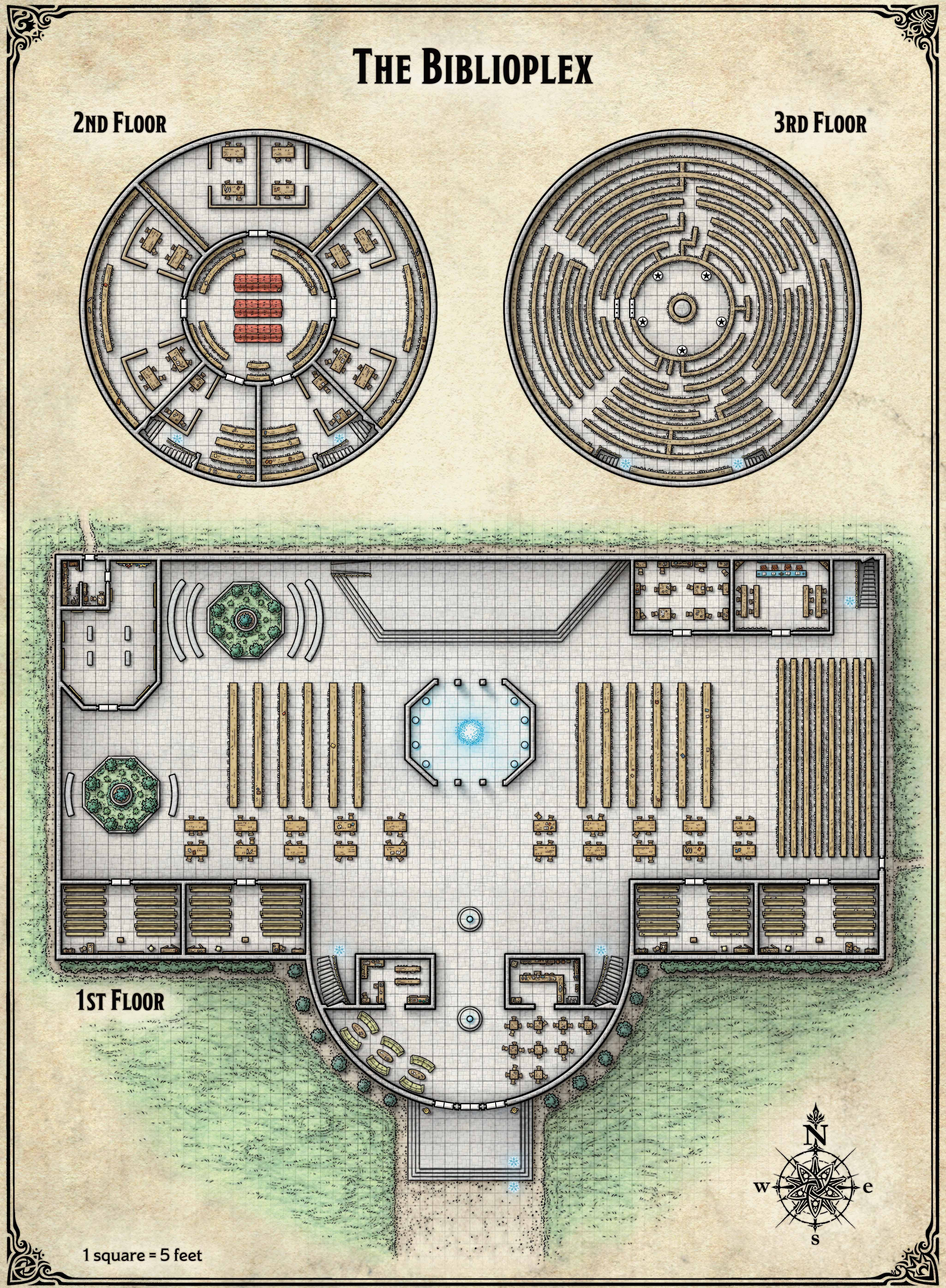 The Biblioplex, three floors: main hall, study levels, and maze-like upper stacks.